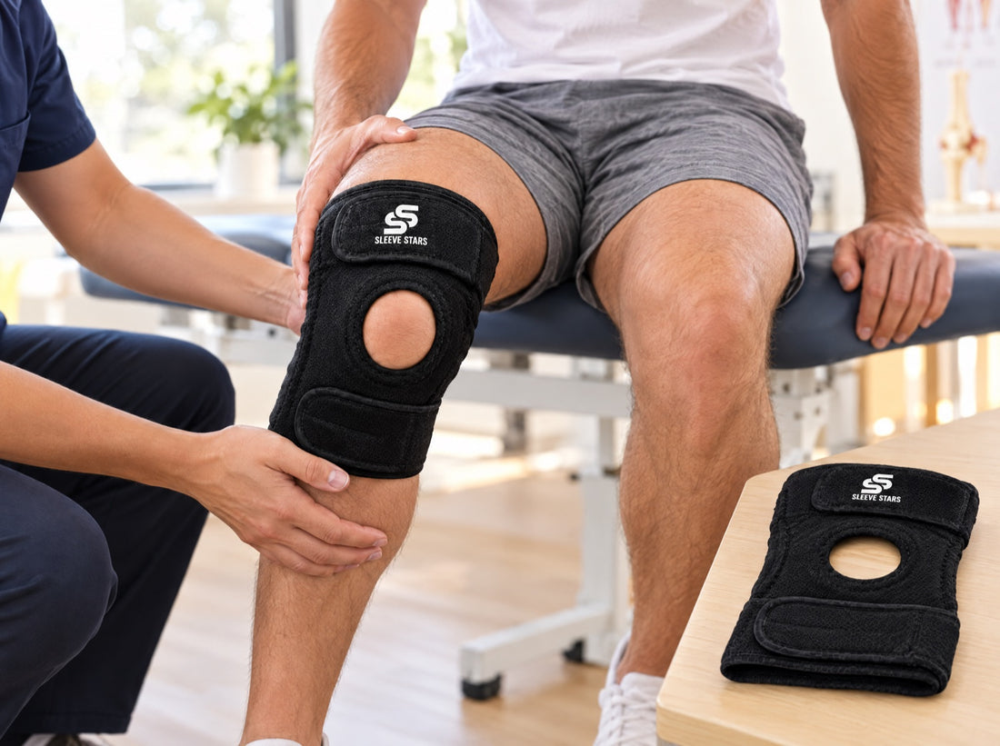 A man sitting on a hospital bed edge in shorts, wearing the Sleeve Stars Knee Brace