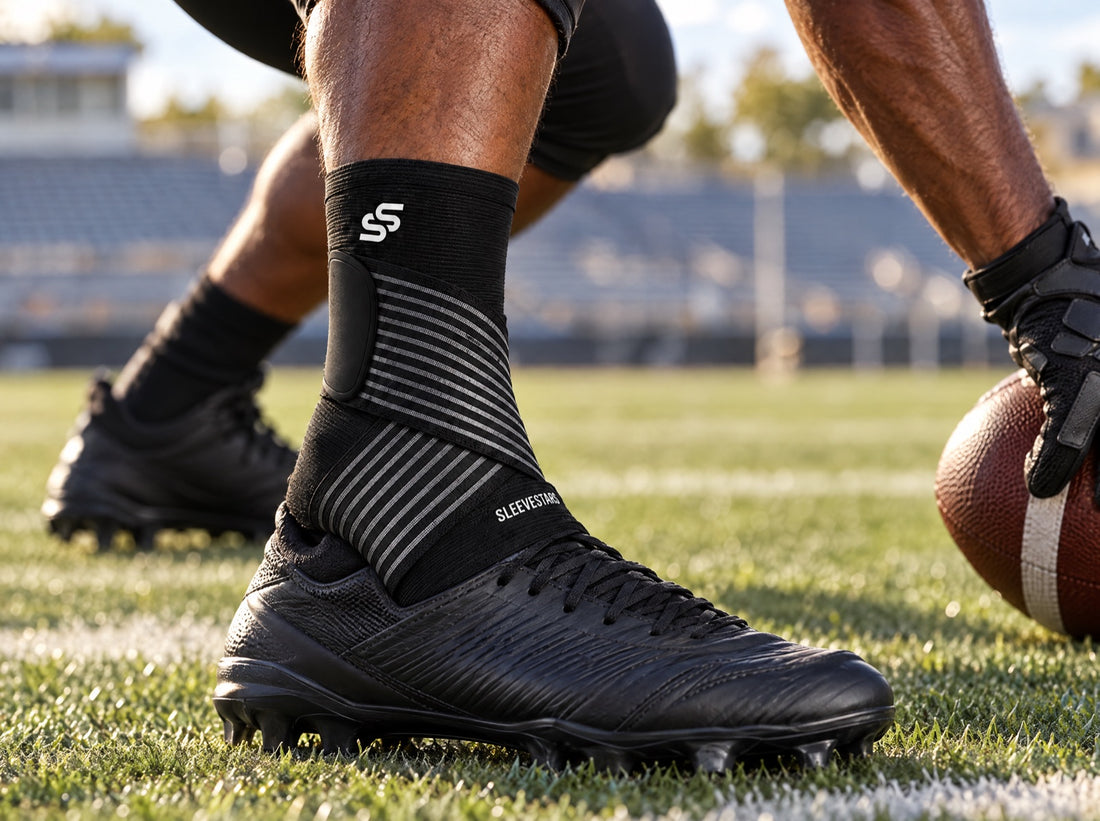 An American football player at the line of scrimmage on a stadium field, wearing the Sleeve Stars Ankle Brace
