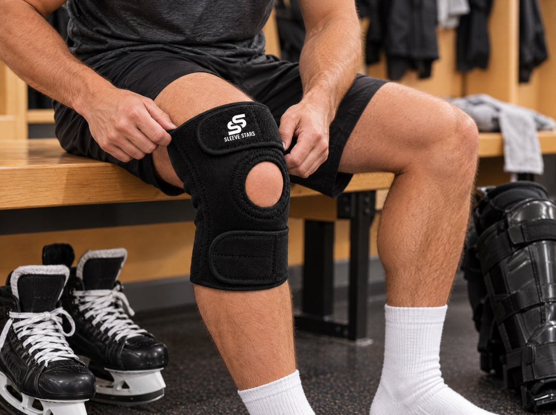 A recreational hockey player sitting on a locker room bench in shorts fastening the brace before putting on shin pads, wearing the Sleeve St