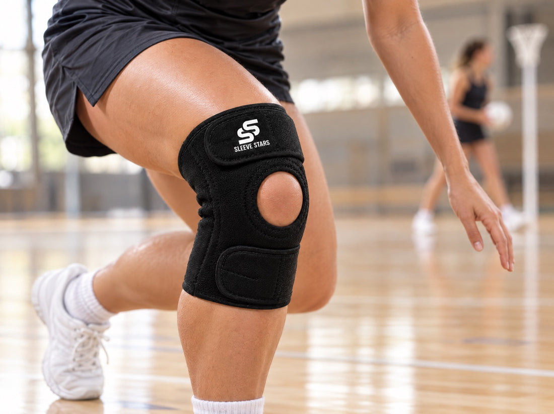 A netball player landing from a jump on an indoor court, wearing the Sleeve Stars Knee Brace