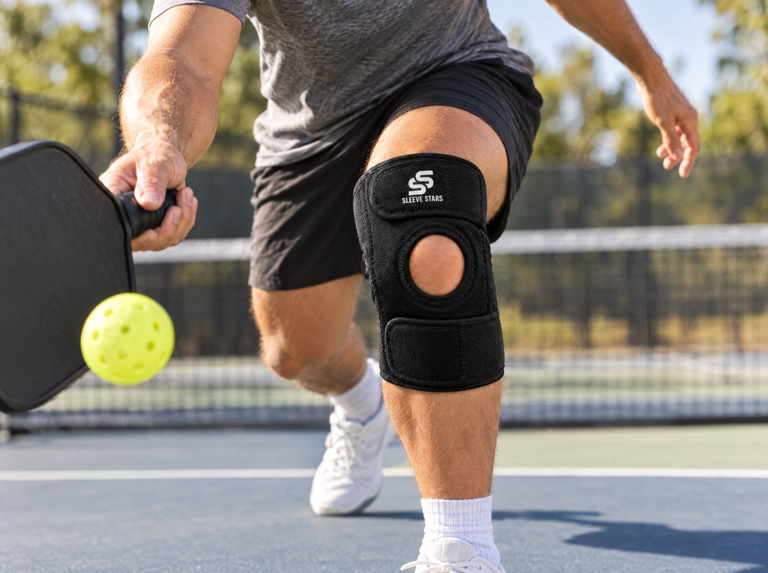 A pickleball player lunging for a dink at the kitchen line on an outdoor court, wearing the Sleeve Stars Knee Brace