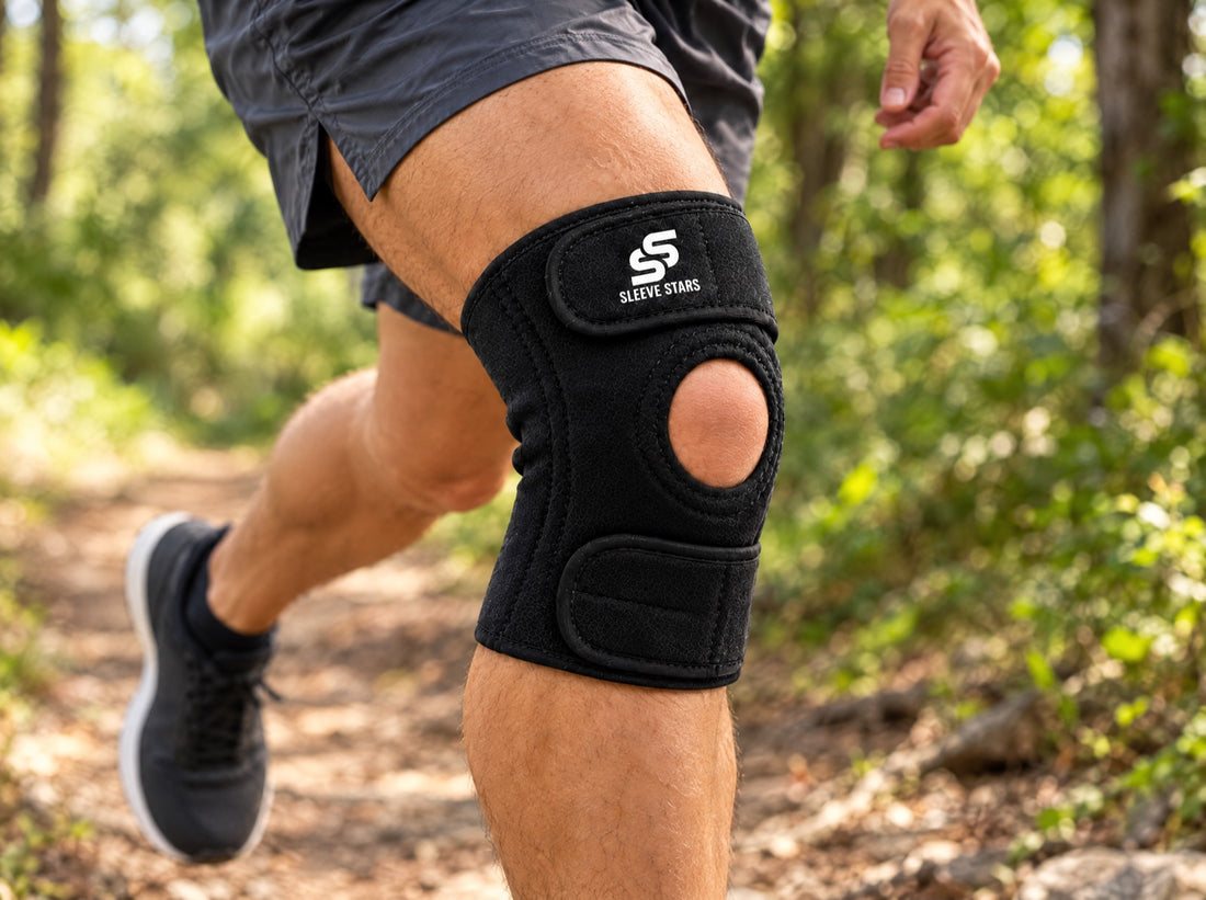 A trail runner on a dirt path in the woods mid-stride, wearing the Sleeve Stars Knee Brace