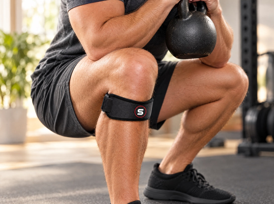 A lifter at the bottom of a goblet squat holding a kettlebell, wearing the Sleeve Stars Patella Strap