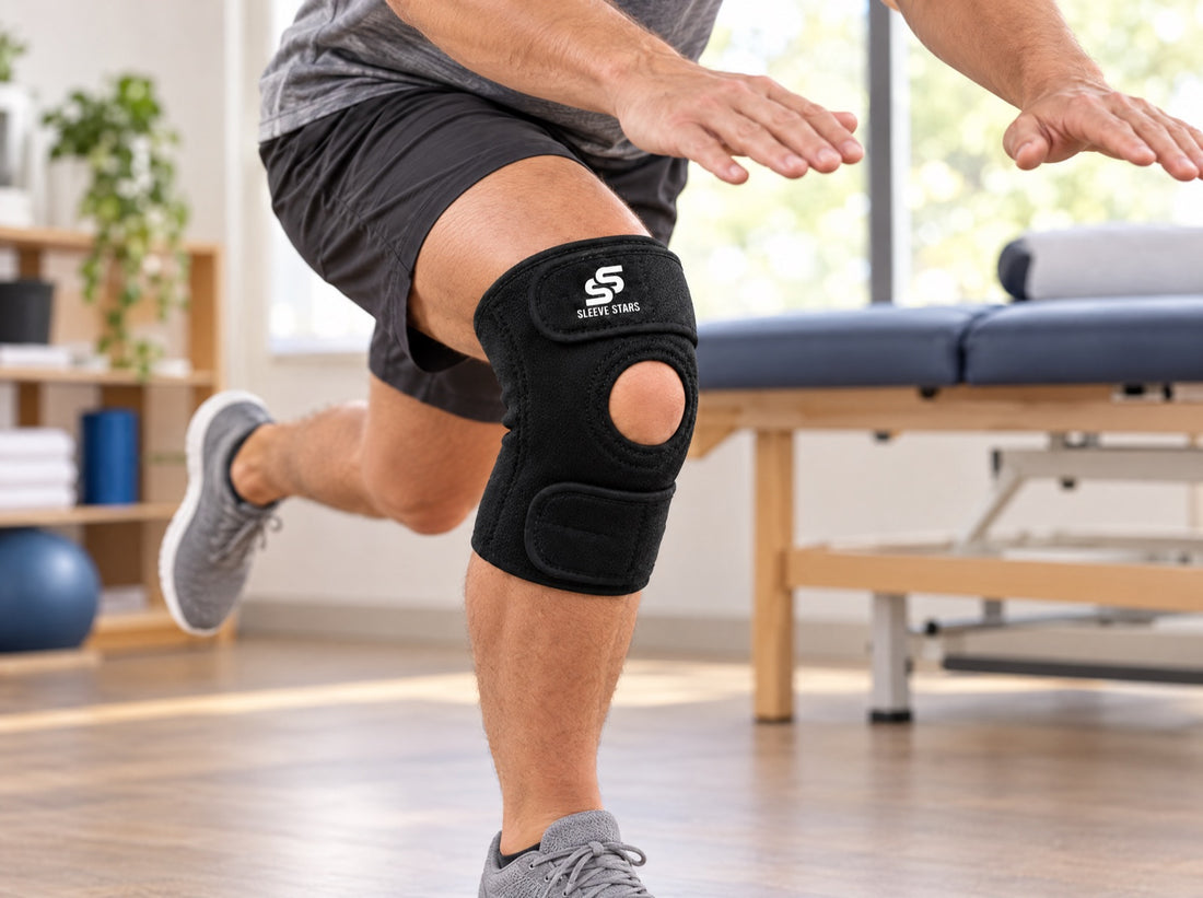 An athlete doing controlled single-leg squats in a physio clinic, wearing the Sleeve Stars Knee Brace