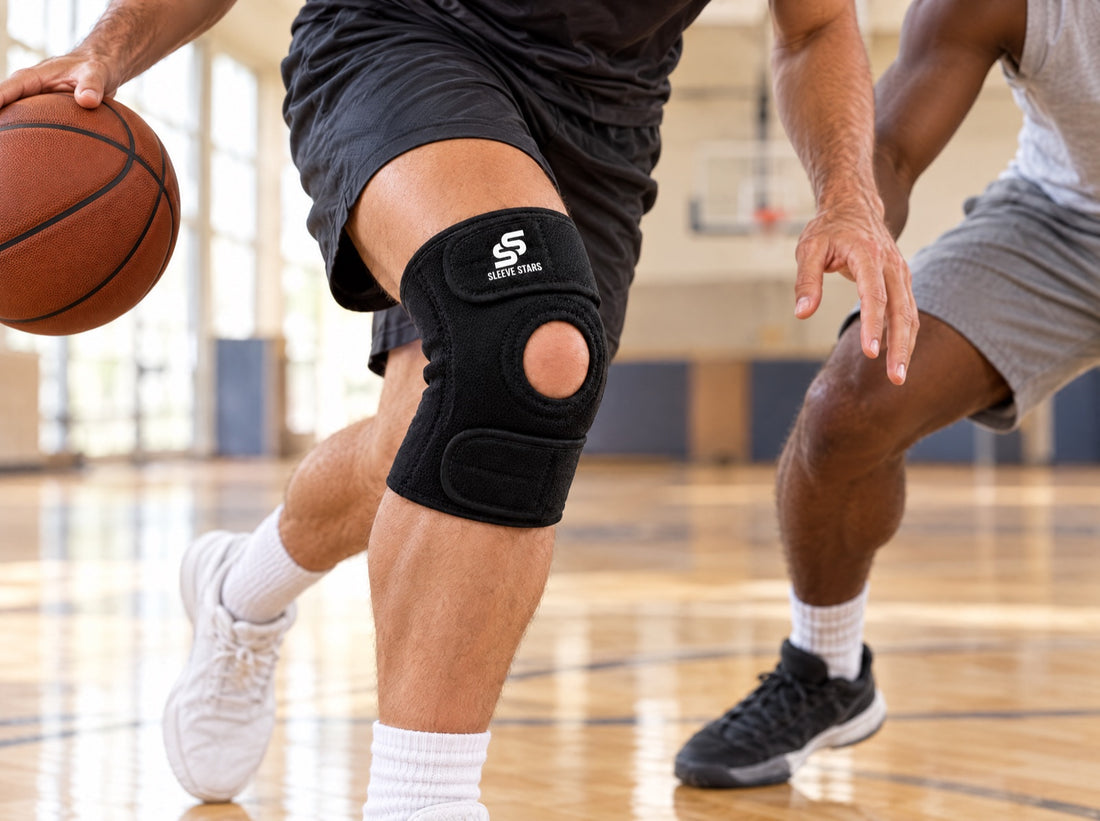 A basketball player driving past a defender on an indoor court, wearing the Sleeve Stars Knee Brace