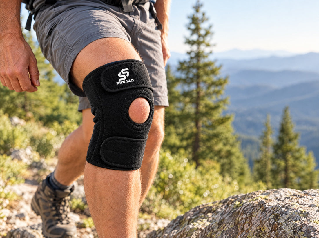 A hiker stepping up onto a rock on a sunlit mountain trail, wearing the Sleeve Stars Knee Brace
