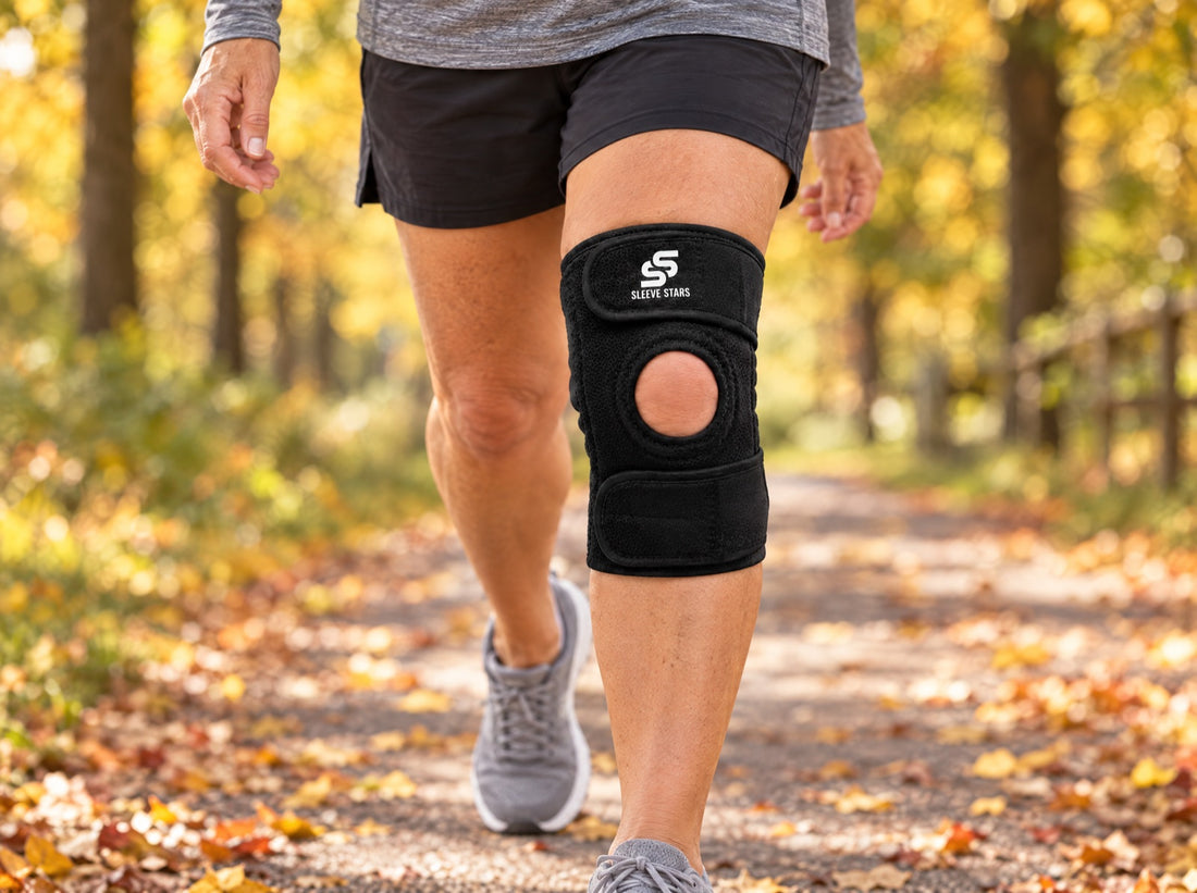 A woman in her 50s walking briskly on a tree-lined path in autumn, wearing the Sleeve Stars Knee Brace