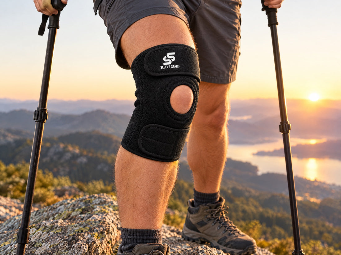 A hiker standing on a summit rock at sunrise with trekking poles, wearing the Sleeve Stars Knee Brace