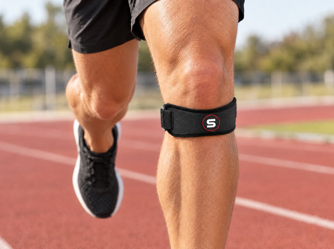 A runner on an athletics track mid-stride, wearing the Sleeve Stars Patella Strap