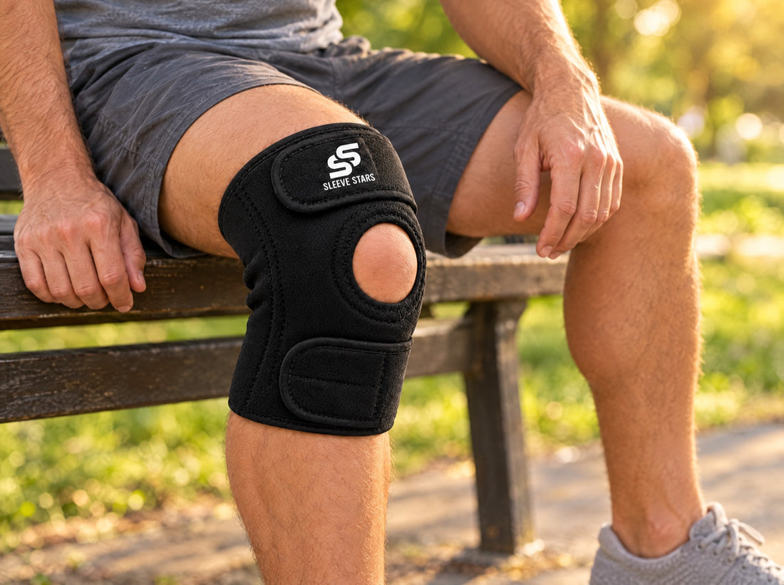 A man in shorts sitting on a park bench after a walk, wearing the Sleeve Stars Knee Brace