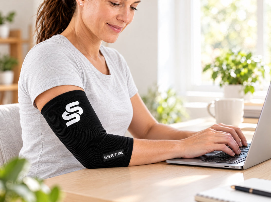 A person typing on a laptop at a bright home desk, wearing the Sleeve Stars Elbow Sleeve