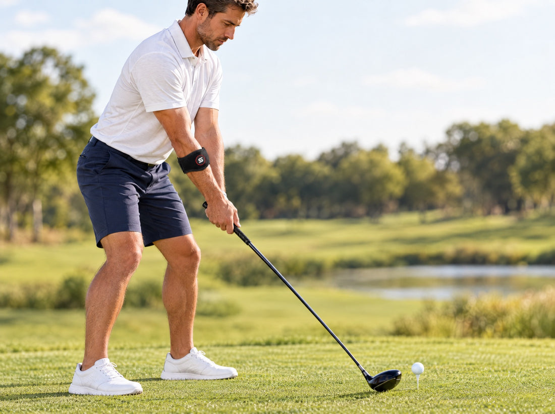 A golfer teeing up a ball on a sunny course, wearing the Sleeve Stars Elbow Brace