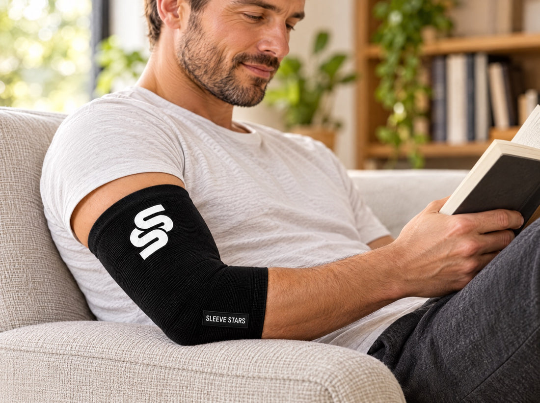 A man reading in an armchair with his arm bent on the armrest, wearing the Sleeve Stars Elbow Sleeve