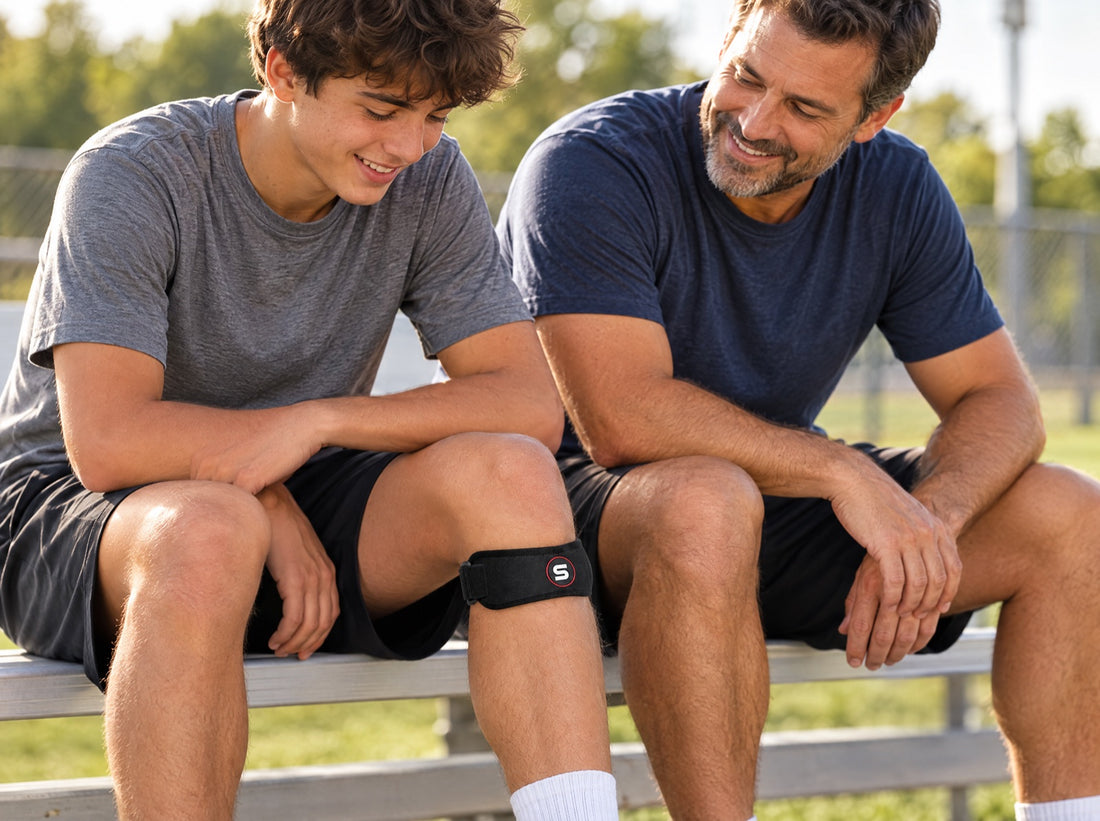 A father and teenage son sitting on a sports field bench, wearing the Sleeve Stars Patella Strap