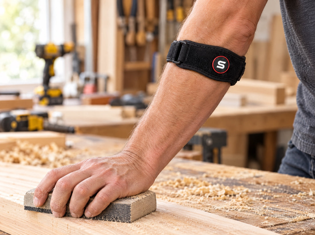 A carpenter in a workshop sanding a timber plank with a sanding block, wearing the Sleeve Stars Elbow Brace