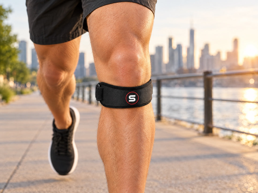 A runner on a city riverside path in the early morning, wearing the Sleeve Stars Patella Strap