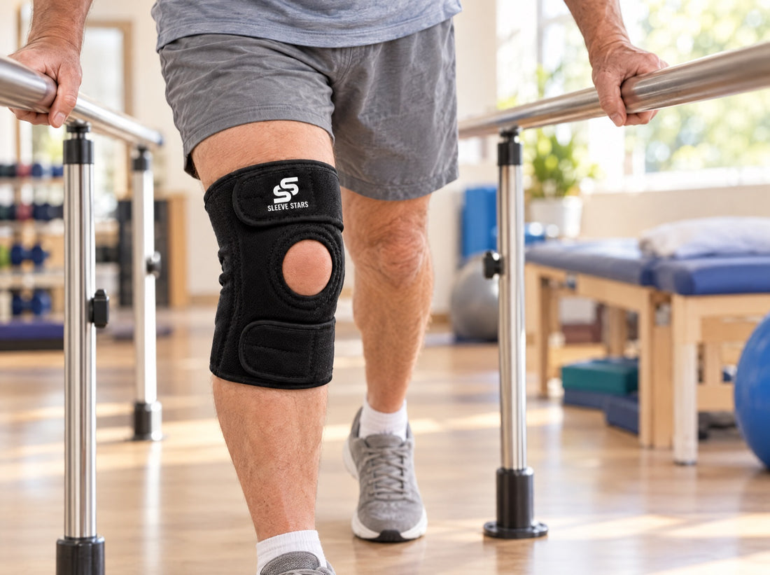 A man in his late 60s walking slowly in a hospital rehab gym between parallel bars, wearing the Sleeve Stars Knee Brace
