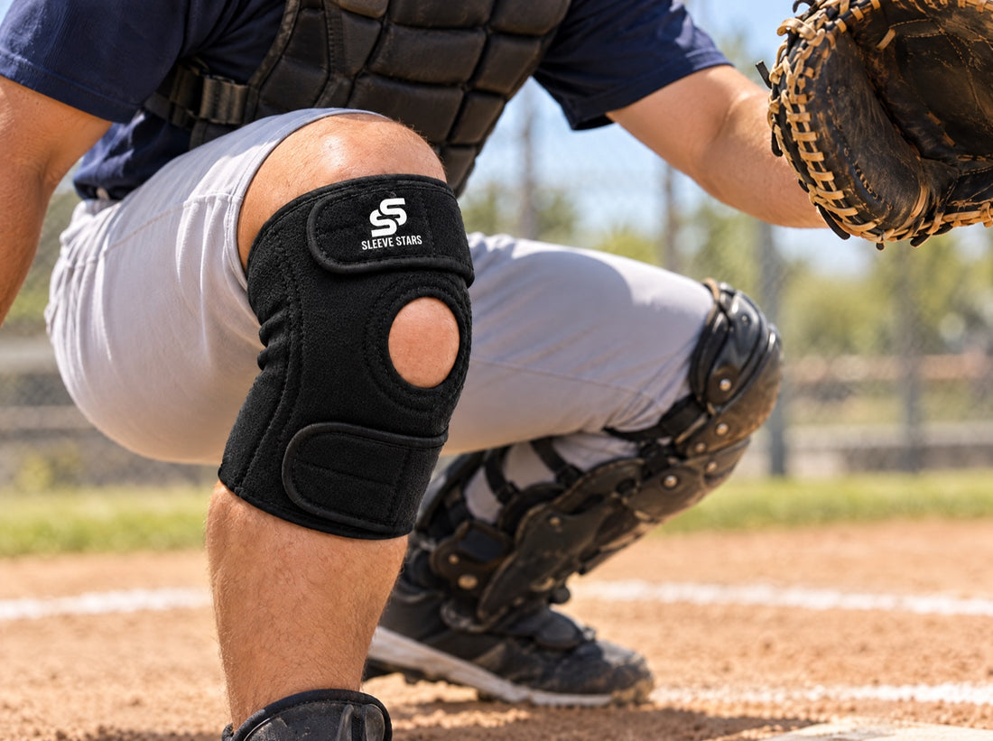 A baseball catcher crouching behind home plate on a sunny diamond, wearing the Sleeve Stars Knee Brace