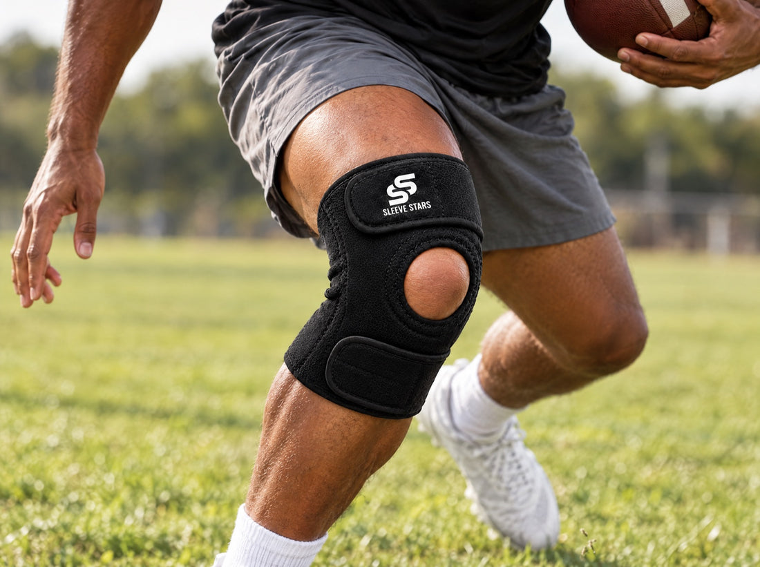 An American football running back in practice shorts cutting on a grass field, wearing the Sleeve Stars Knee Brace