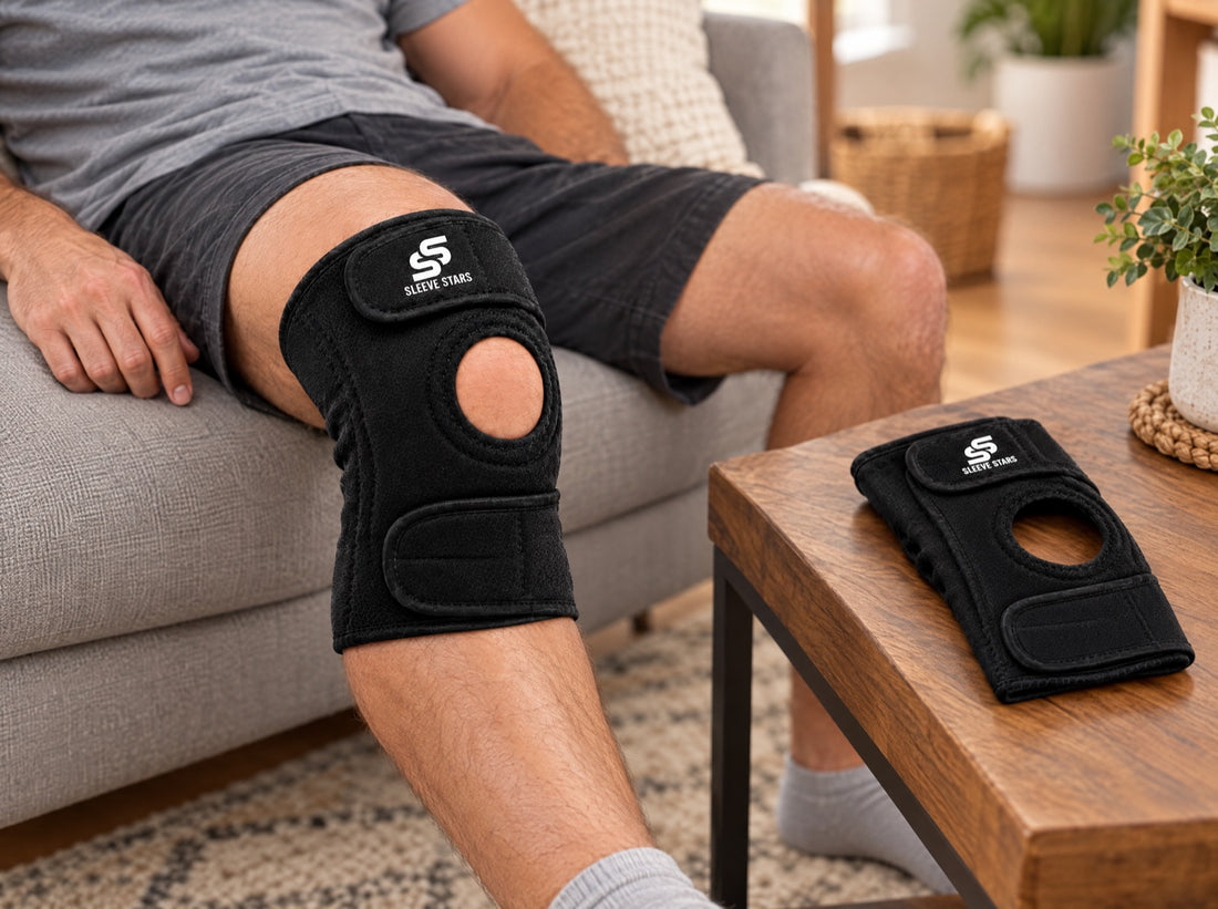 A man sitting on a sofa with his leg straight on an ottoman, wearing the Sleeve Stars Knee Brace