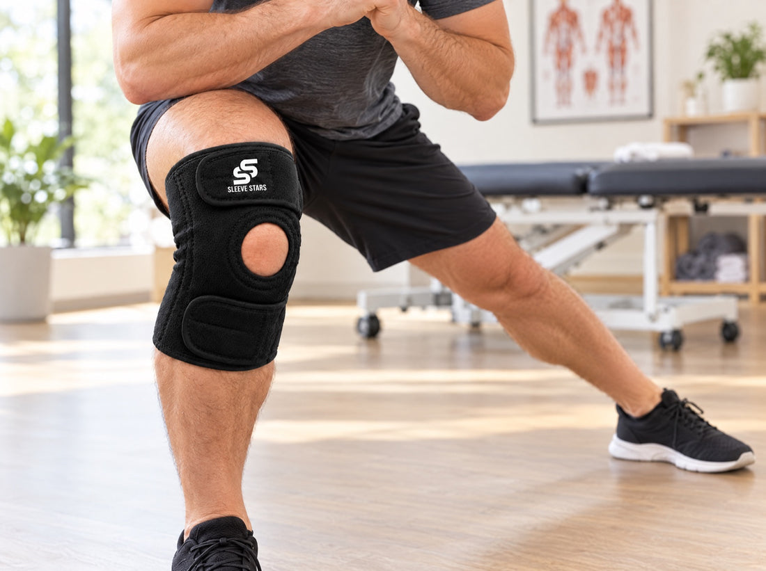 A man doing slow side lunges in a physio clinic, wearing the Sleeve Stars Knee Brace