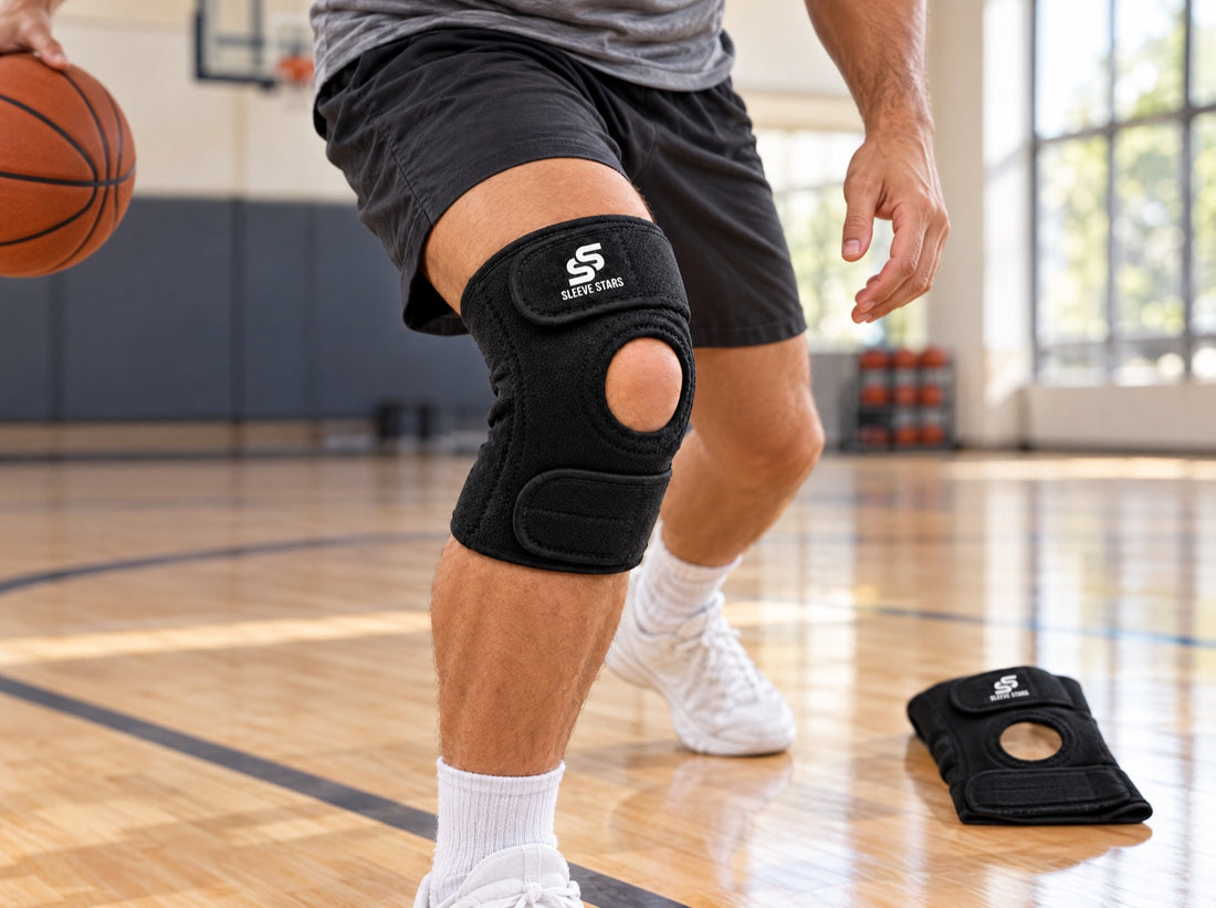 A basketball player in a slow lateral shuffle drill on an indoor court, wearing the Sleeve Stars Knee Brace