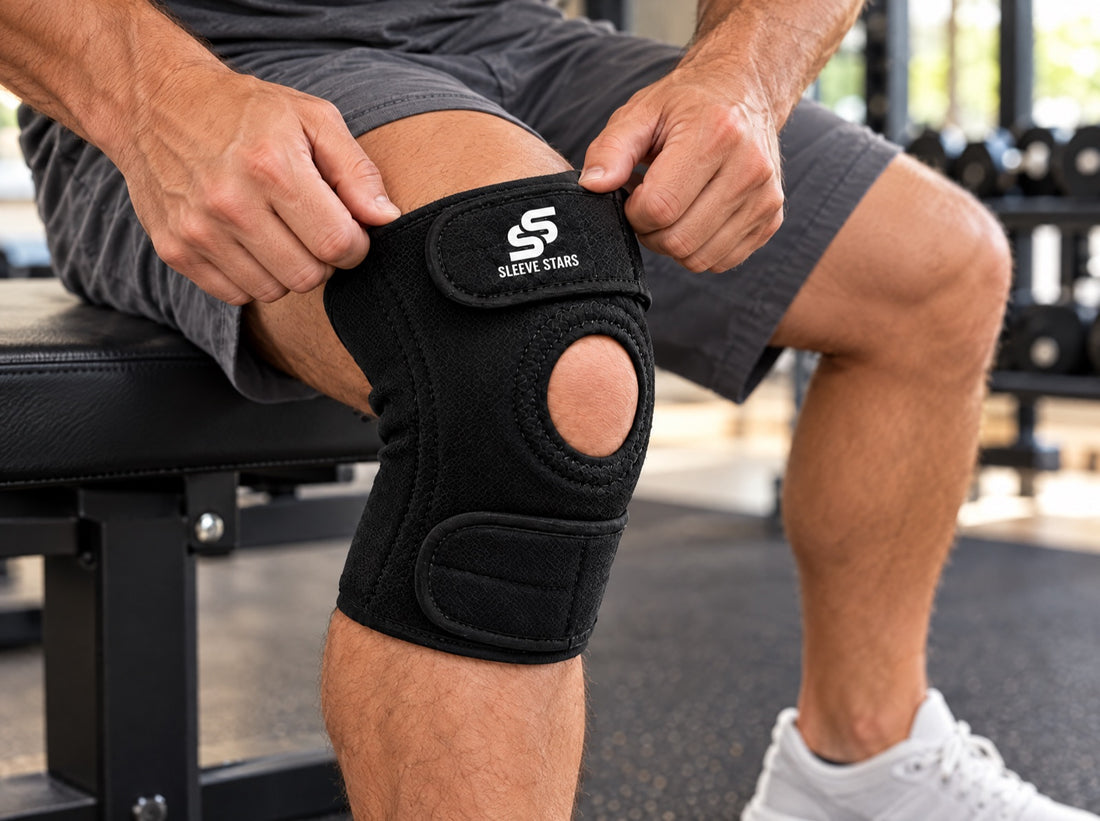 Close hands pressing the upper hook-and-loop strap closed on the brace on a man's knee, wearing the Sleeve Stars Knee Brace