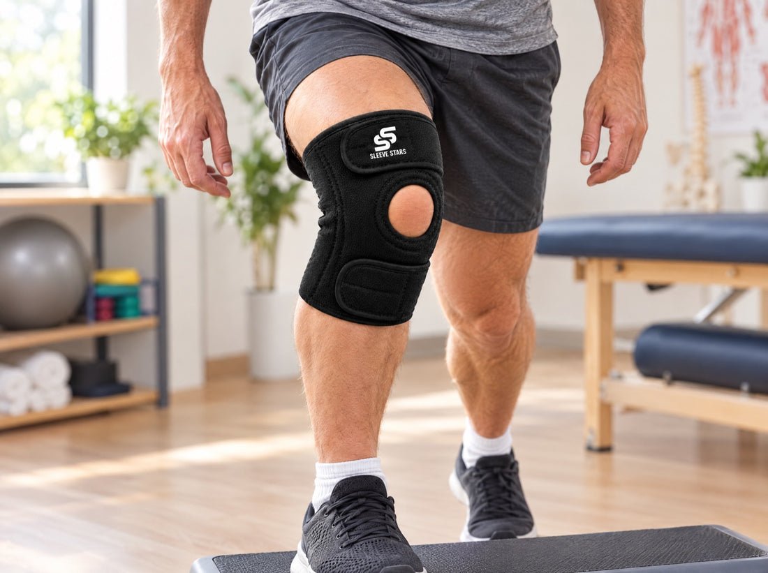A man doing slow controlled step-ups onto a low step in a physiotherapy studio, wearing the Sleeve Stars Knee Brace