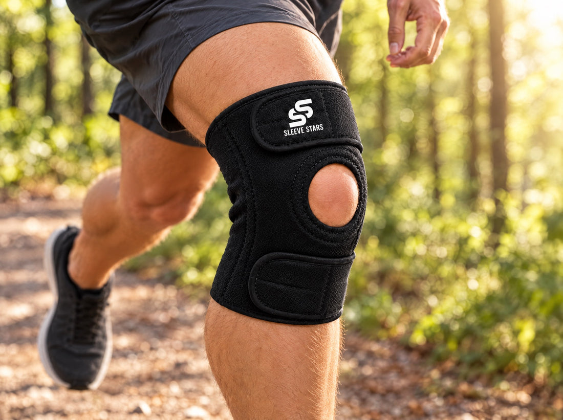 A runner on a sunlit forest trail mid-stride, wearing the Sleeve Stars Knee Brace