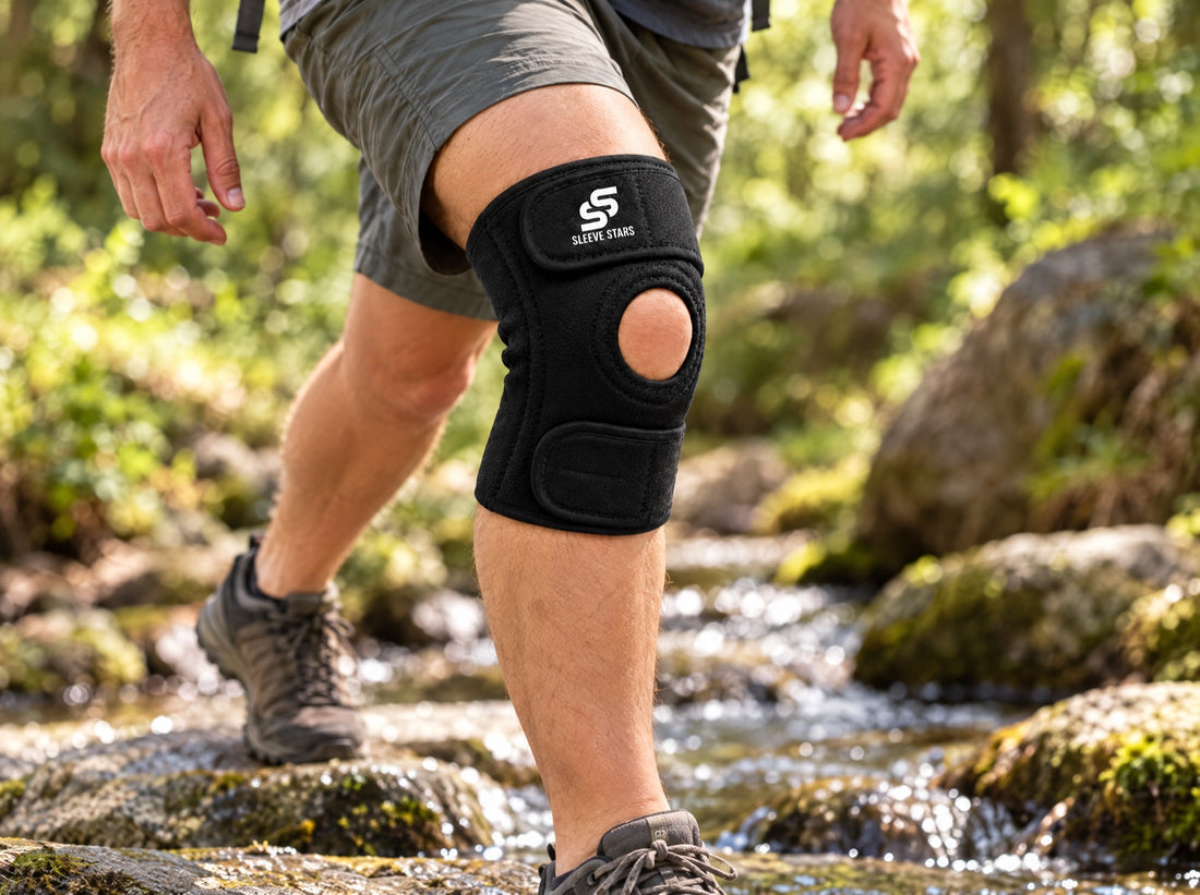 A hiker crossing a stream on stepping stones in a forest, wearing the Sleeve Stars Knee Brace