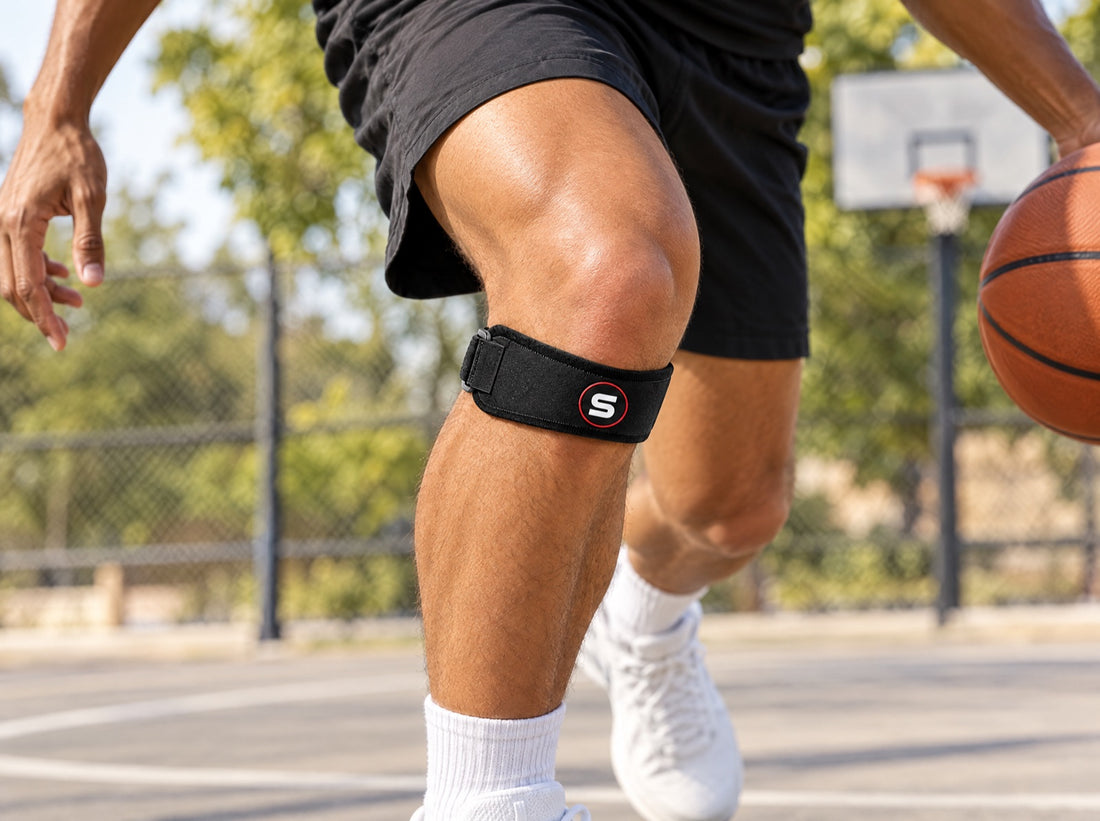 A basketball player driving to the hoop on an outdoor court, wearing the Sleeve Stars Patella Strap