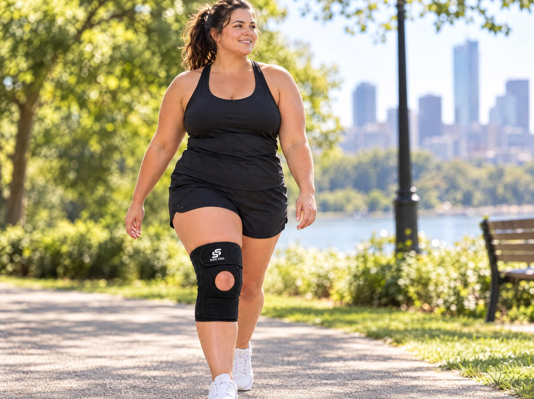 A plus-size woman in black shorts walking confidently in a sunny city park, wearing the Sleeve Stars Knee Brace
