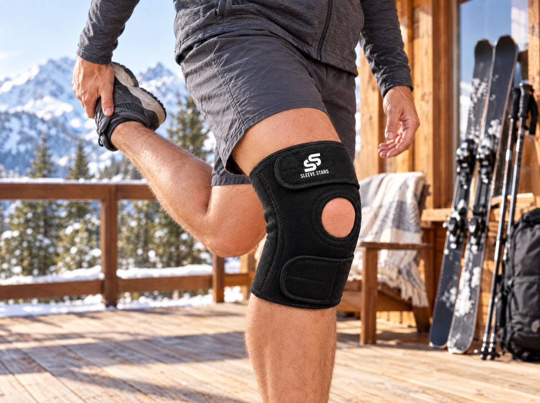 A skier in shorts at a mountain cabin deck stretching before heading out, wearing the Sleeve Stars Knee Brace
