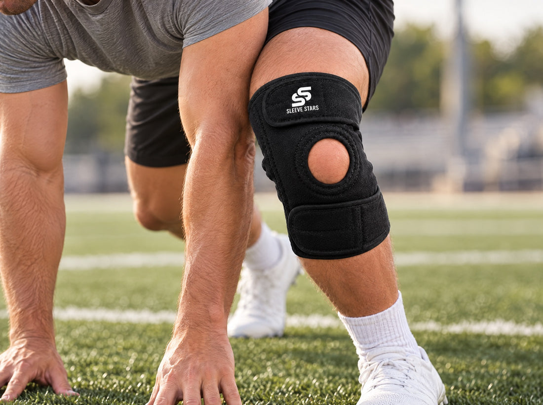 An American football lineman in practice shorts in a three-point stance on turf, wearing the Sleeve Stars Knee Brace