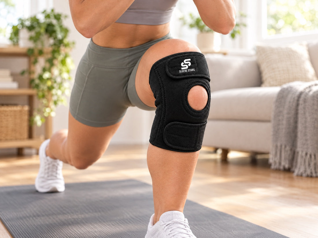 A woman doing slow lunges in a bright living room on a yoga mat, wearing the Sleeve Stars Knee Brace
