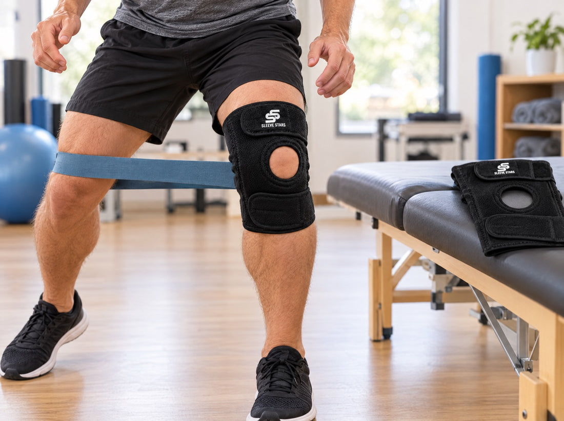 A soccer player in rehab doing lateral band walks with a resistance band in a physio clinic, wearing the Sleeve Stars Knee Brace