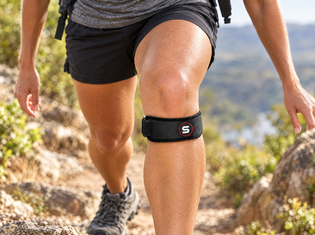 A woman in her 40s climbing a hiking trail, wearing the Sleeve Stars Patella Strap