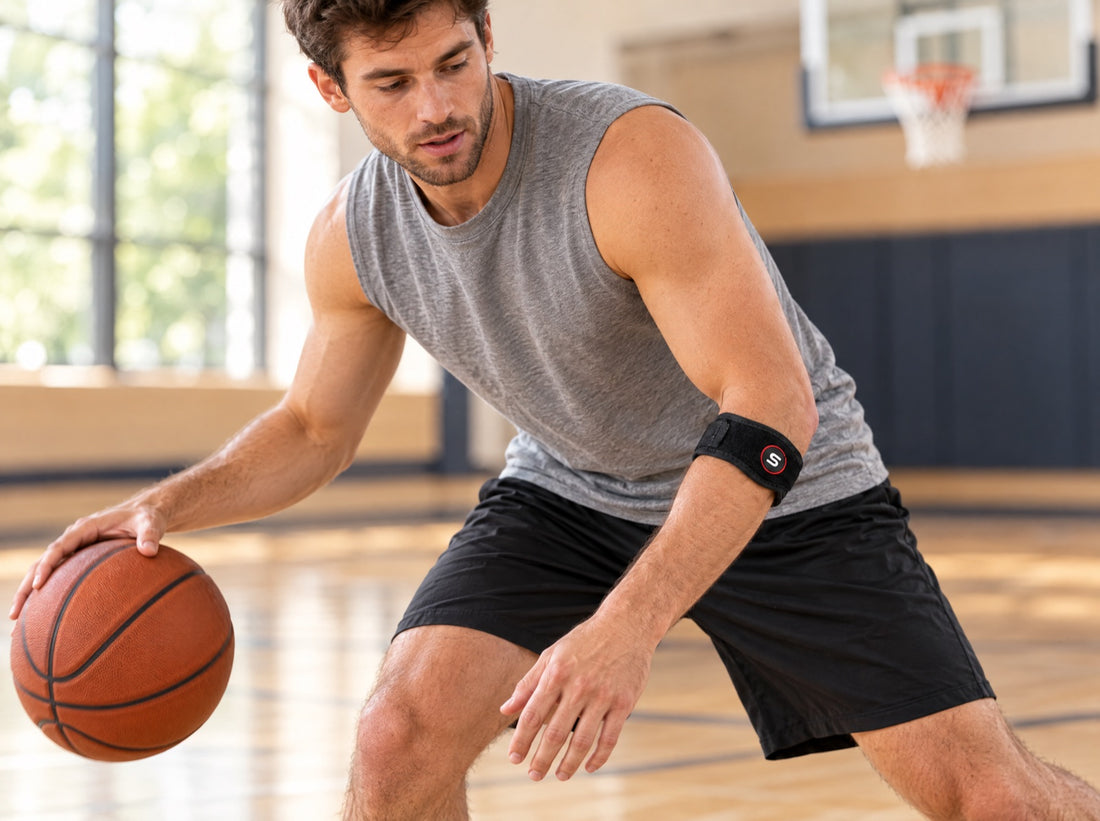 A basketball player on an indoor court bouncing a ball, wearing the Sleeve Stars Elbow Brace