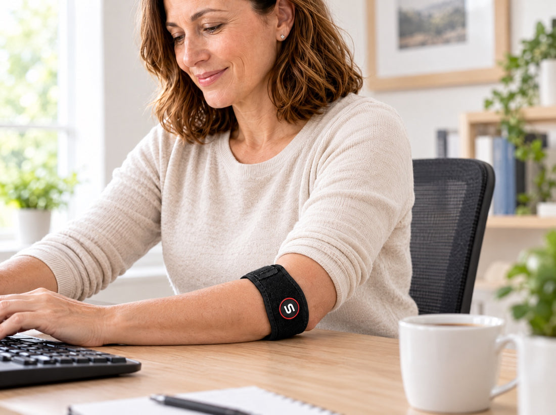 An office worker resting the forearm on a desk beside a keyboard and coffee mug, wearing the Sleeve Stars Elbow Brace