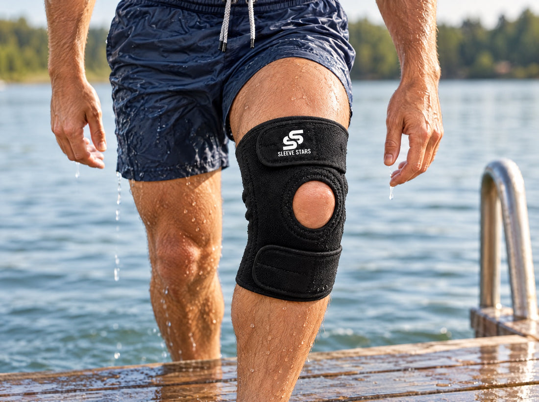 A man stepping out of a calm lake onto a wooden dock in swim shorts, wearing the Sleeve Stars Knee Brace