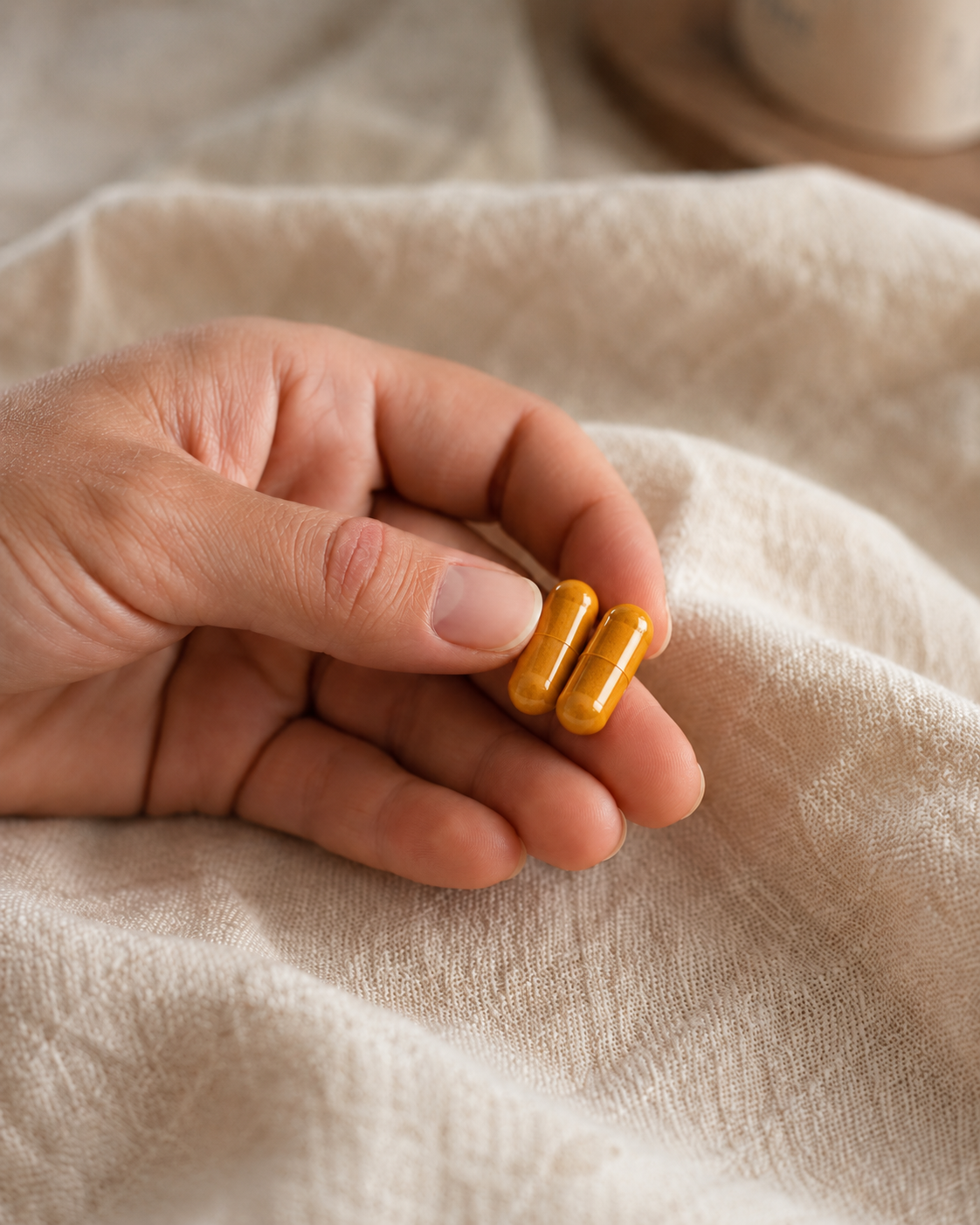 Two capsules held in hand