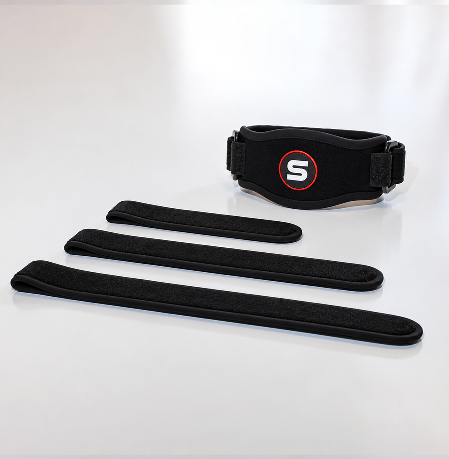 Three interchangeable elbow brace straps in small, medium, and large