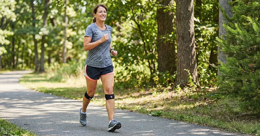 Woman jogging outdoors wearing a Sleeve Stars patella strap